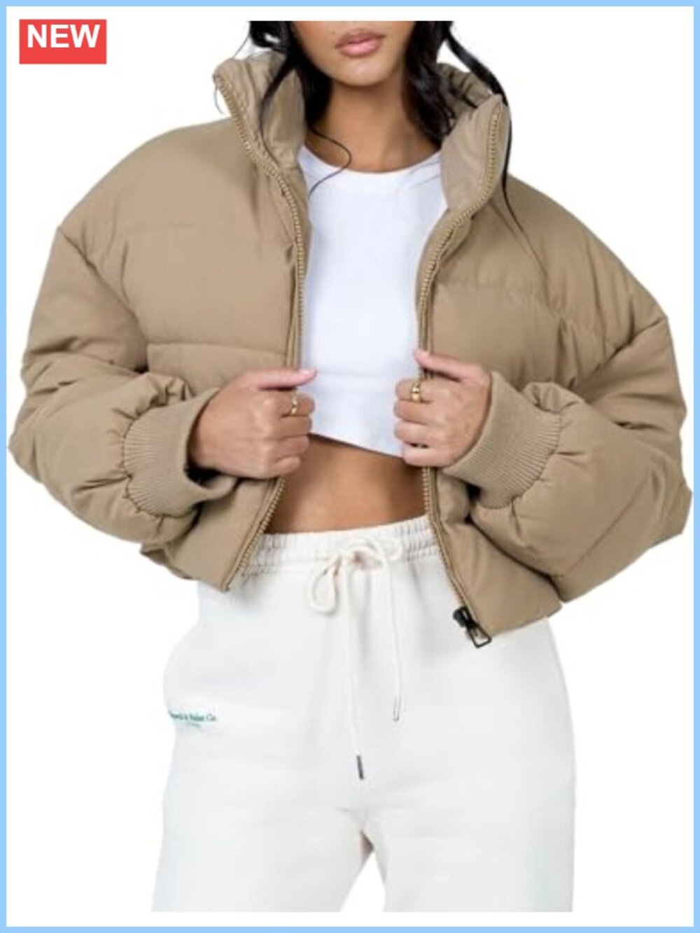 Cropped Puffer Jacket Lightweight Quilted Zip Up Oversized Stand Collar
